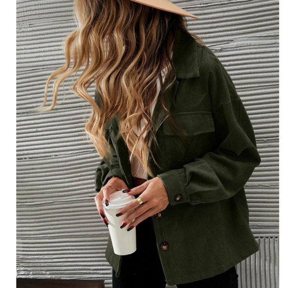 Casual Button up Corduroy Oversized Jacket Shacket Green - Picture 6 of 6